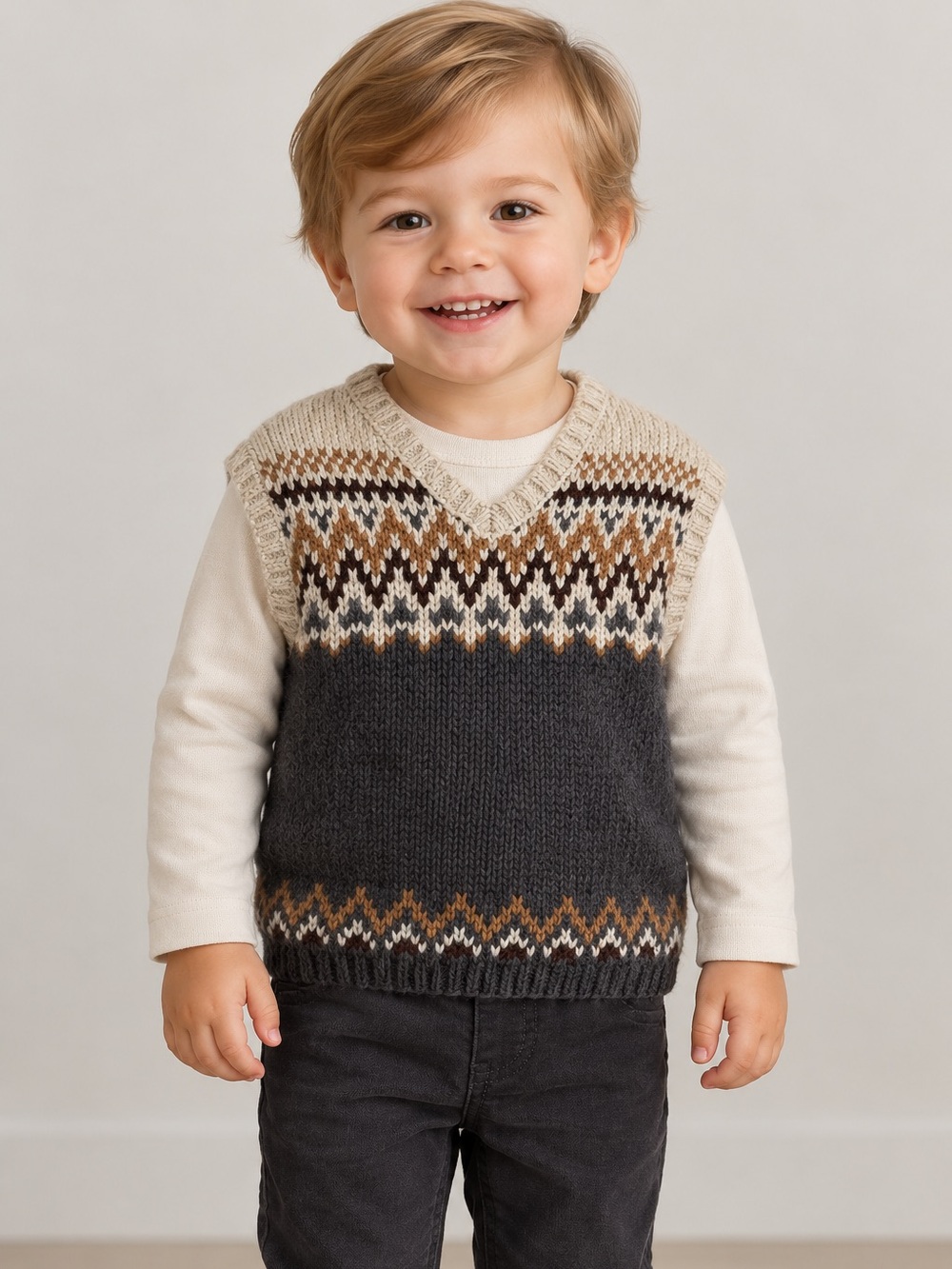 H&M Toddler Fair Isle Knit Sweater Vest Size 2T Charcoal Brown Cream
